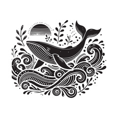 Black Color Whale silhouette design Vector Illustration, Solid White Background (12).eps