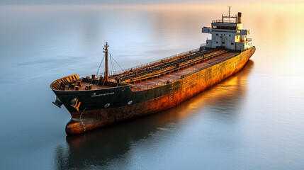 Fototapeta premium Majestic Rusty Cargo Ship at Golden Hour: A Serene Ocean View