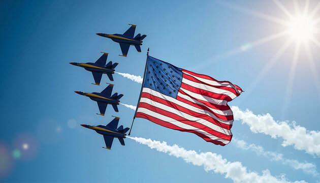 Fighter jets flying with American flag against blue sky
