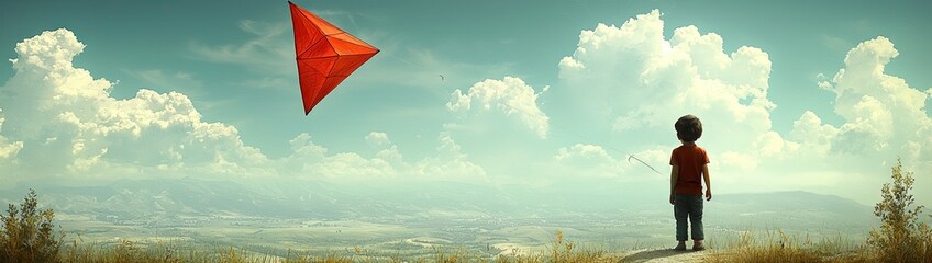  "Joyful Child Flying a Colorful Kite on a Windy Hilltop with Rolling Green Fields Below"