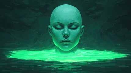 A serene, green-tinted head emerges from glowing water, surrounded by a dark and mysterious environment, evoking a sense of tranquility and otherworldliness.