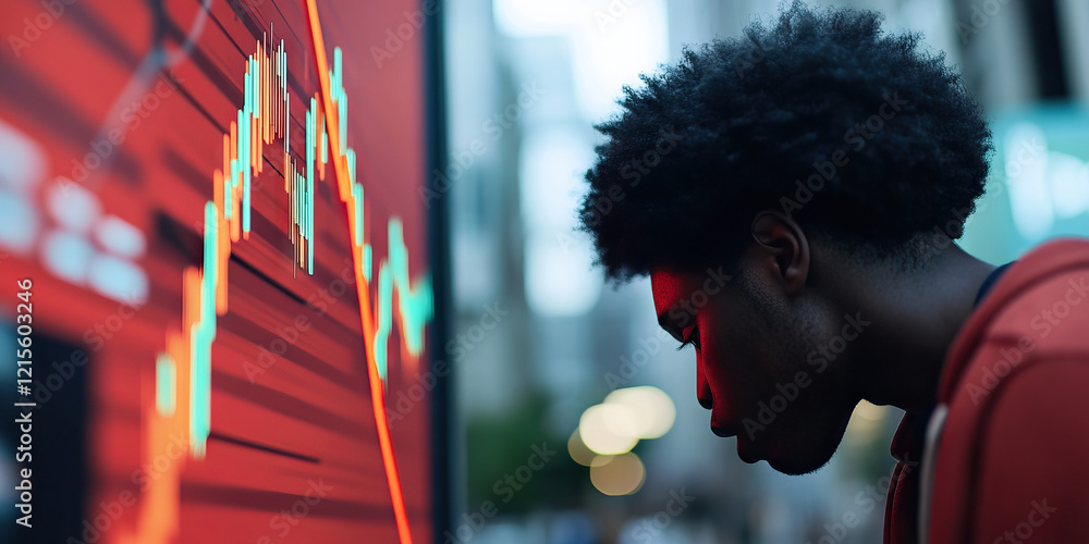 Poster man observing falling stock market graph on digital display