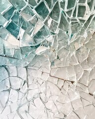 A close-up of shattered glass pieces with varying shades of blue and white.