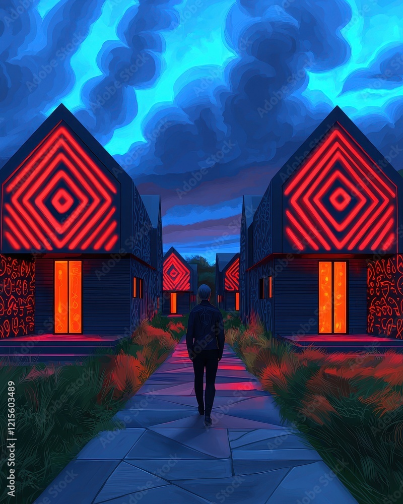 Poster a person walks down a path between stylized houses adorned with geometric patterns and vibrant red l