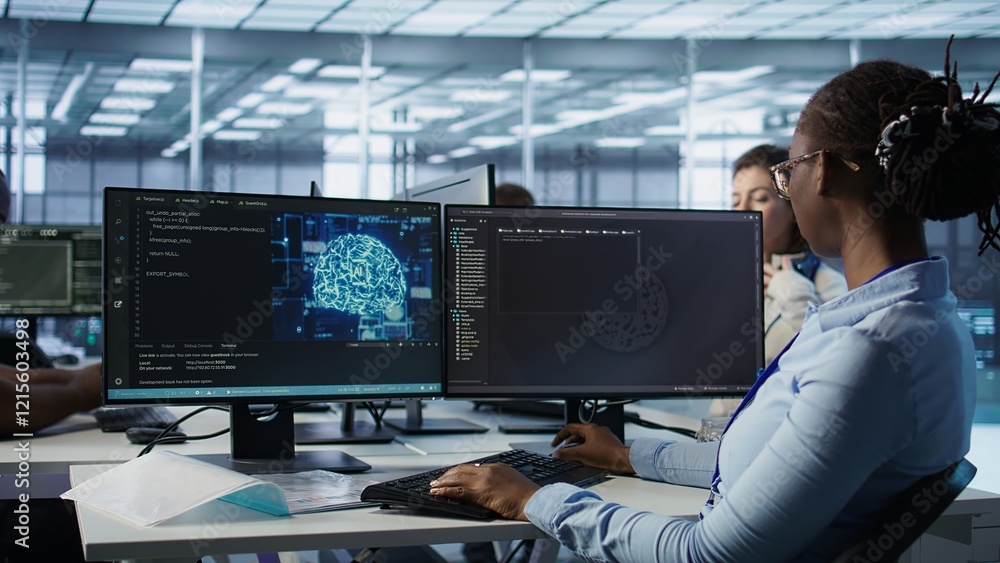 Poster woman leaving desk after finishing programming tasks in ai data center used for machine learning tra