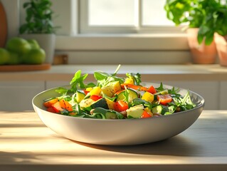 A vibrant avocado salad with beans, roasted zucchini, bell peppers, and arugula, placed in a minimalist kitchen on a light wooden surface, with sunlight casting soft shadows over the ingredients.