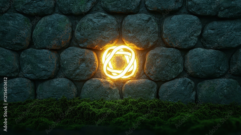 Poster a glowing circular symbol is embedded in a stone wall, surrounded by lush green moss, creating a mys