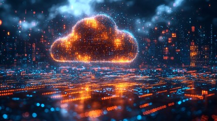 Digital cloud computing cityscape, futuristic technology background, data network