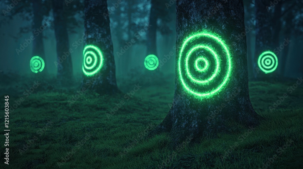 Poster ethereal green target symbols glow on trees in a misty forest, creating a mysterious and enchanting 