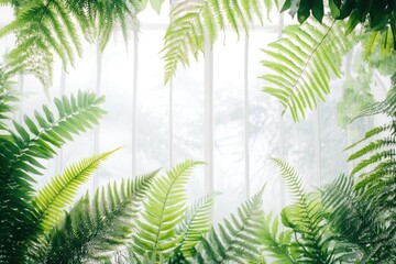 Fototapeta premium Lush green ferns frame a bright, airy window, creating a serene botanical scene.
