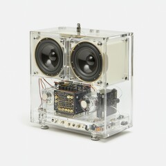 Transparent speaker featuring dual subwoofers and complex circuitry