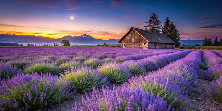 Washington State Lavender Fields at Dusk, Rustic Barn, Sequim Summer Bloom