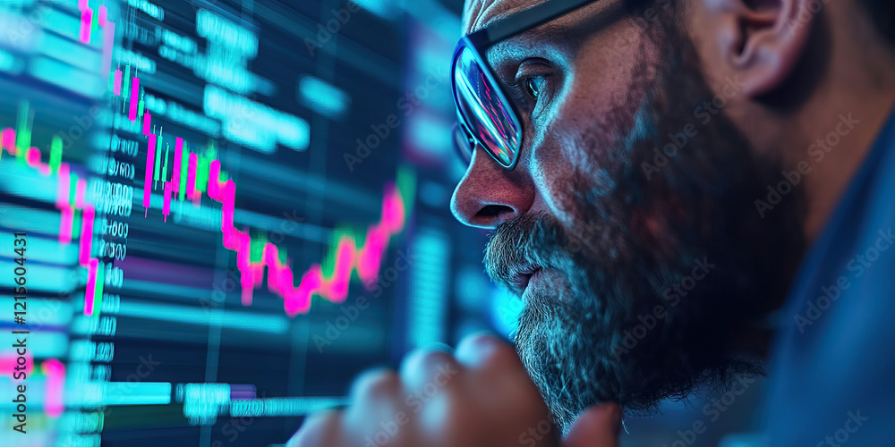 Poster man viewing stock market data on computer screen