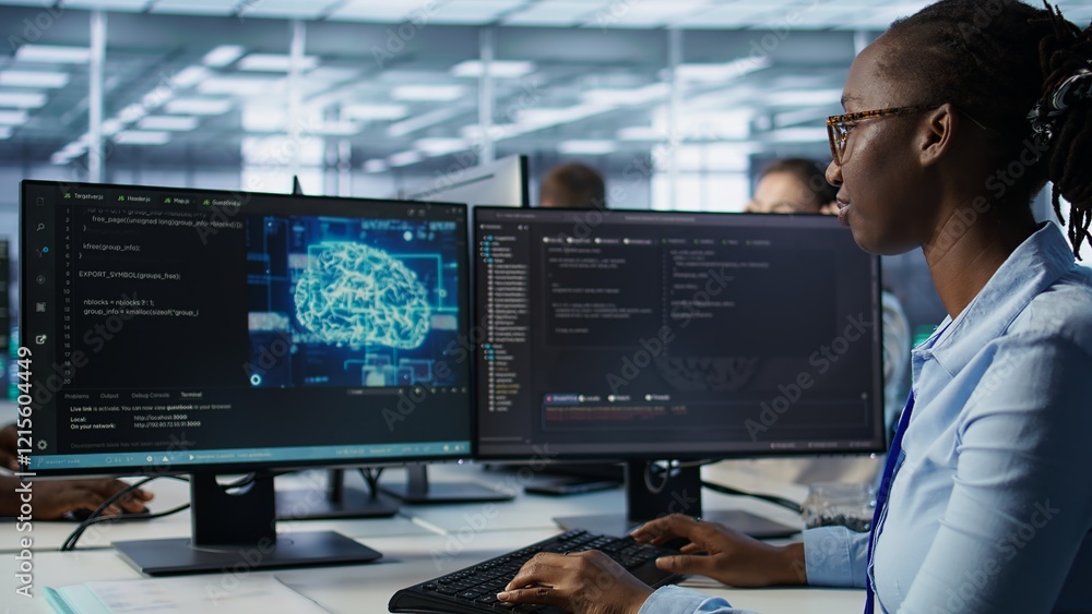 Poster woman programming in ai data center housing advanced equipment used for machine learning training. a