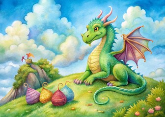 Naklejka premium Watercolor Dragon Knitting Pattern: Green Hill, Blue Sky Fantasy Art