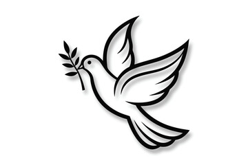 Obraz premium Black silhouette dove with olive branch vector icon illustration on a white background Symbol and Peace