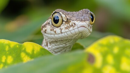 Fototapeta premium Curious snake peering from foliage, jungle background, wildlife photography