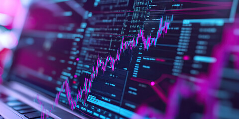 Fototapeta premium Laptop Screen Displaying Financial Data and Candlestick Chart