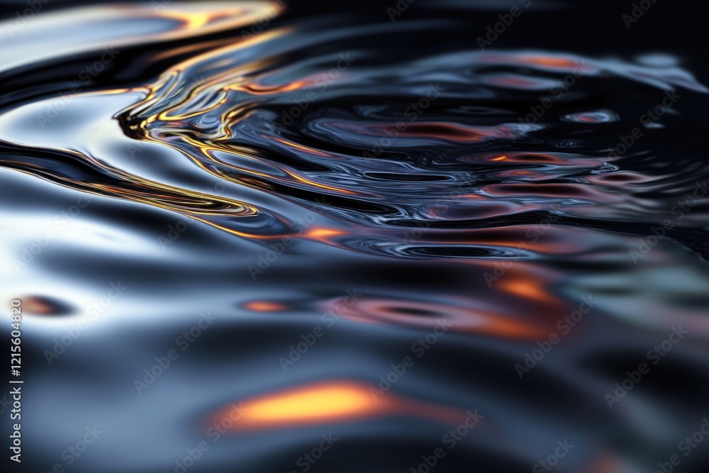 Poster abstract image of swirling, dark liquid with warm orange highlights, reflecting light and creating a