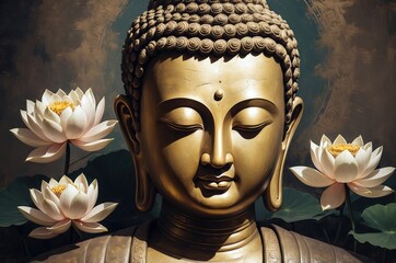 Colorful Buddha statue portrait vintage painting with flower decoration, culture and religion theme concept illustration texture design.
