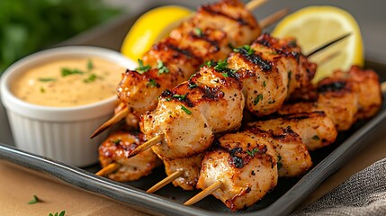 Grilled chicken skewers, lemon, sauce. Delicious summer meal. Food photography