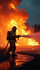 Fototapeta premium Firefighters controlling a blaze, hose in action, training, devastation