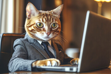 Business cat in suit working at desk - humorous office concept for workplace creativity