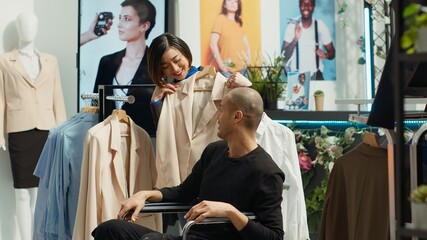 Middle eastern wheelchair user helping his girlfriend choose chic clothes, searching for the new...