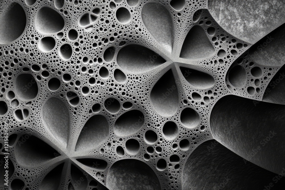 Poster abstract grayscale image depicting a porous, cavernous, organic-like structure with interconnected v