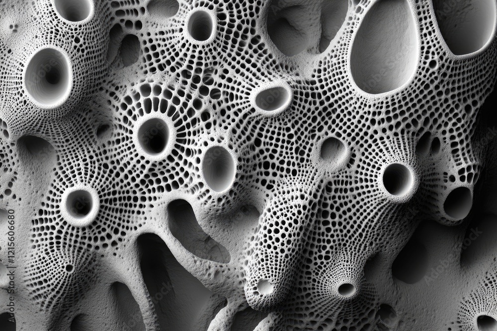 Poster abstract grayscale image depicting a complex, porous, organic structure resembling a network of inte