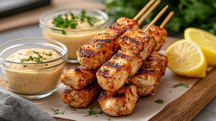 Grilled chicken skewers with lemon and sauce