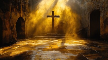 Naklejka premium Sunlit stone chamber with crown of thorns cross - dramatic light and shadows. Easter, Pascha, Paskha, Ostern, Pascua, Paques - Orthodox and Catholic Holiday celebration