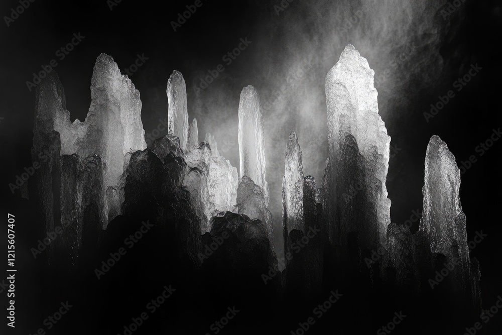 Poster abstract grayscale image depicting a city of ice formations, illuminated by a mysterious light sourc