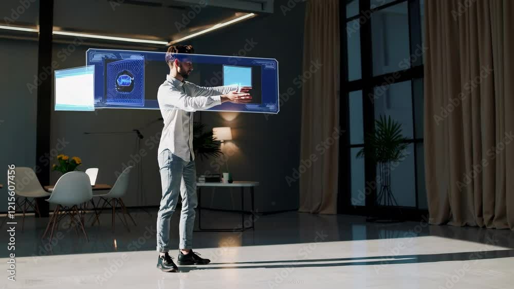 Poster imagine a wearable device that projects a virtual workspace anywhere, show it in action