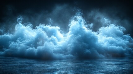 Obraz premium Dark blue ocean scene with glowing clouds at night.