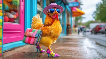 Stylish chicken in sunglasses and heels strolling through colorful street