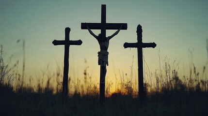 Silhouette of crucifixion scene at sunset with three crosses in field. Easter, Pascha, Paskha, Ostern, Pascua, Paques - Orthodox and Catholic Holiday celebration