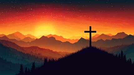 Silhouette of cross at sunset over mountain landscape with vibrant sky colors. Easter, Pascha, Paskha, Ostern, Pascua, Paques - Orthodox and Catholic Holiday celebration