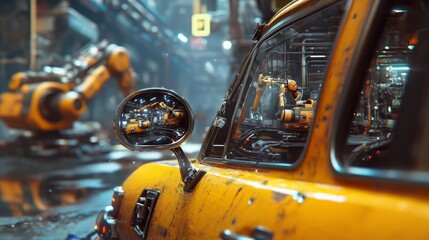 Fototapeta premium A car's side mirror shows robotic arms and sparks within an automotive factory