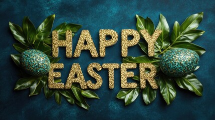 Happy easter glittering golden letters with decorative eggs and green leaves on dark background. Easter, Pascha, Paskha, Ostern, Pascua, Paques - Orthodox and Catholic Holiday celebration