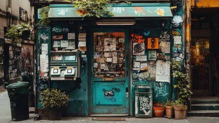 Naklejka premium Vibrant Teal Shopfront on a Cobbled Street