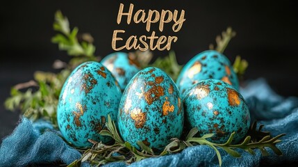 Colorful painted easter eggs with gold accents on leaves and fabric. Easter, Pascha, Paskha, Ostern, Pascua, Paques - Orthodox and Catholic Holiday celebration