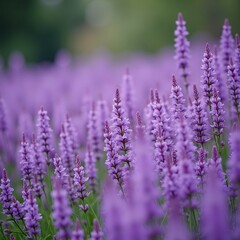 Obraz premium A field of vibrant purple flowers stretches to the horizon, bathed in soft sunlight. Their delicate blooms create a stunning natural tapestry.