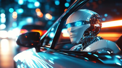 The reflection of a robot's face in a car's rearview mirror offers a glimpse into the emerging era of self-driving taxis and advanced automotive technology