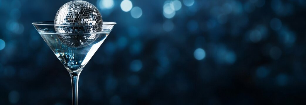 A cocktail party beneath a disco ball on a future dusk backdrop. Retro attire at the disco celebration. Stylish modern banner template for holiday cards, banners, and menus, featuring area for text