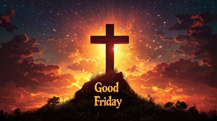 Vivid sunset behind cross on good friday with illuminated sky and clouds. Easter, Pascha, Paskha, Ostern, Pascua, Paques - Orthodox and Catholic Holiday celebration