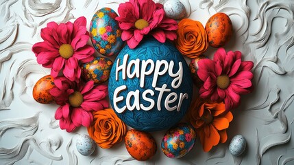 Colorful easter eggs and flowers with "happy easter" message. Easter, Pascha, Paskha, Ostern, Pascua, Paques - Orthodox and Catholic Holiday celebration