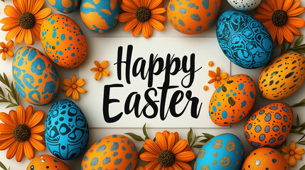 Colorful easter eggs and orange flowers surround happy easter text. Easter, Pascha, Paskha, Ostern, Pascua, Paques - Orthodox and Catholic Holiday celebration
