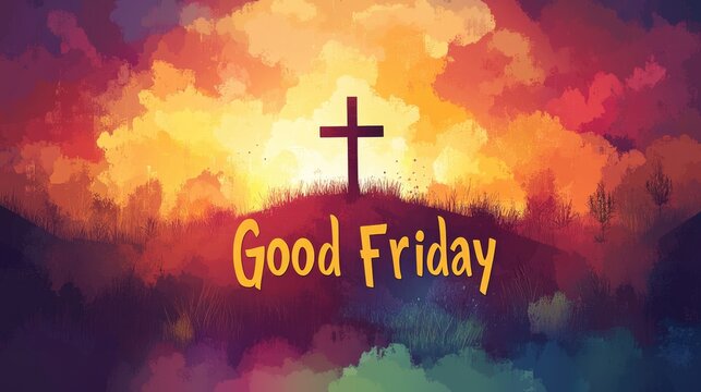 Good friday cross silhouette at sunrise with vibrant sky and clouds. Easter, Pascha, Paskha, Ostern, Pascua, Paques - Orthodox and Catholic Holiday celebration