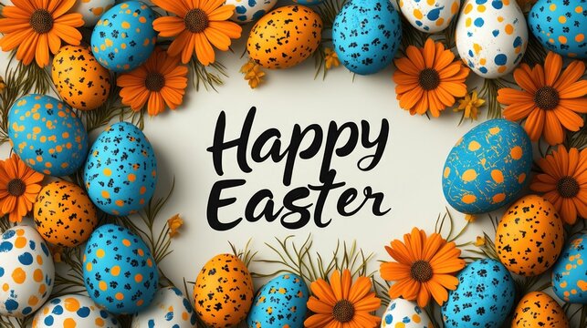 Colorful easter eggs and orange flowers surrounding 'happy easter' message. Easter, Pascha, Paskha, Ostern, Pascua, Paques - Orthodox and Catholic Holiday celebration